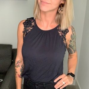 Navy Tank With Lace Sleeves